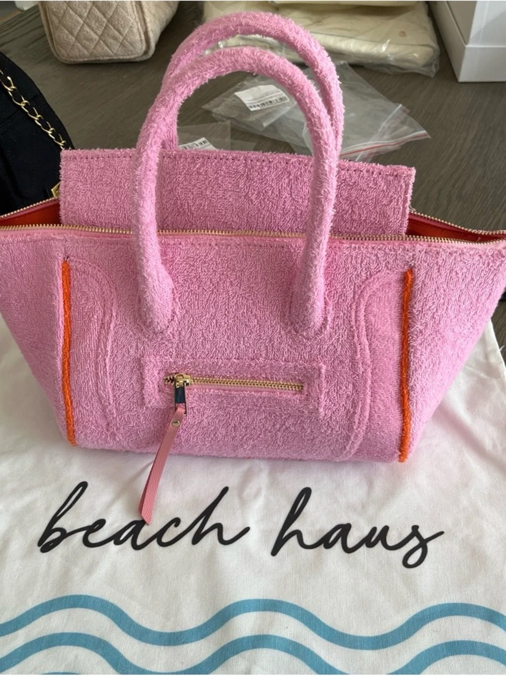 New Celine Pink Terry Tote Bag with Orange Trim -